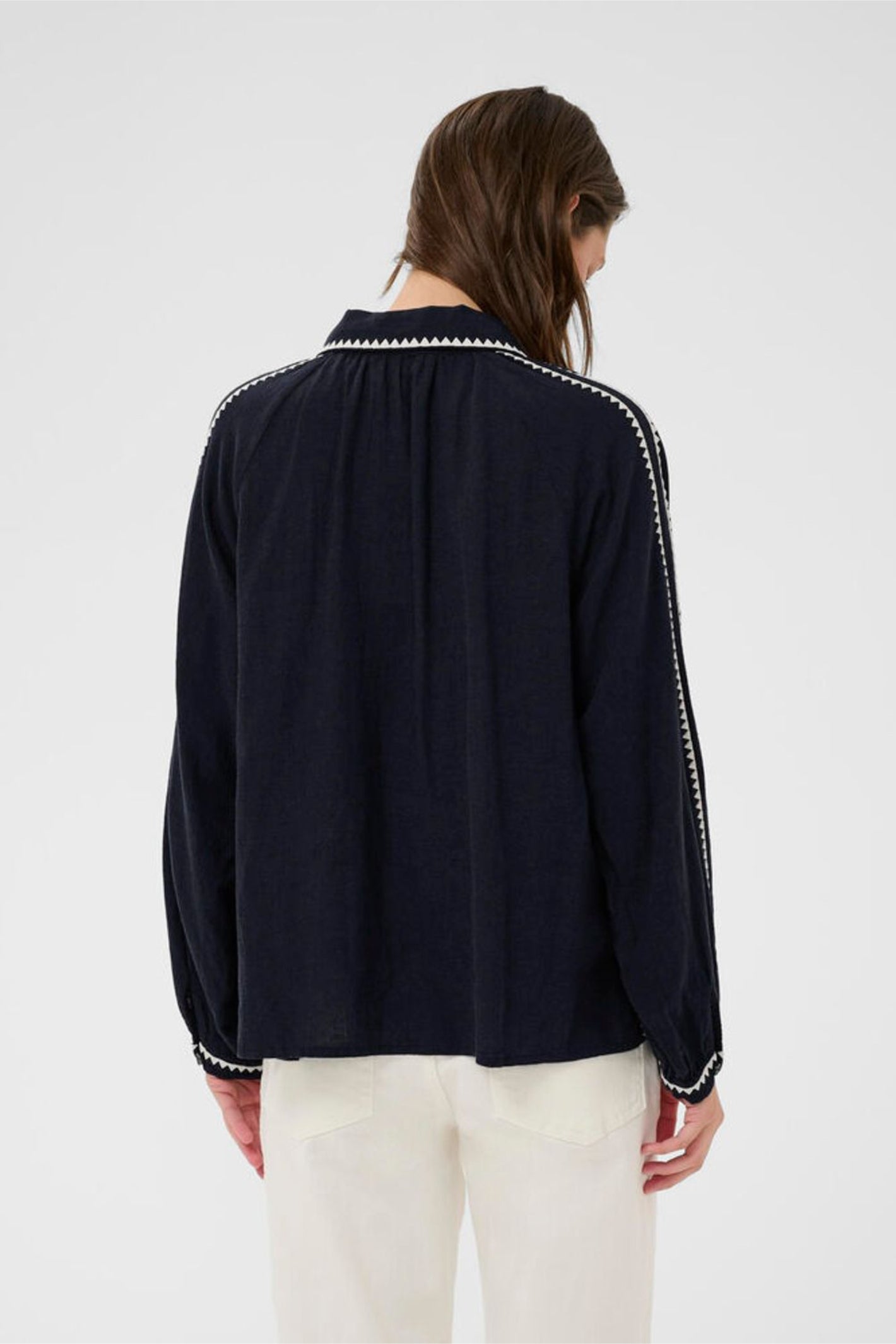 Part Two 30310419 AimyPW After Midnight Blouse by Part Two in navy with white trim, shop Part Two at Dotique online.