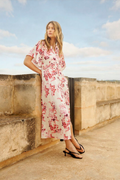 Model wearing Part Two 30310465 AlajaPW Pink Shadow Flower Print Dress by part two, shop part two at Dotique outdoors