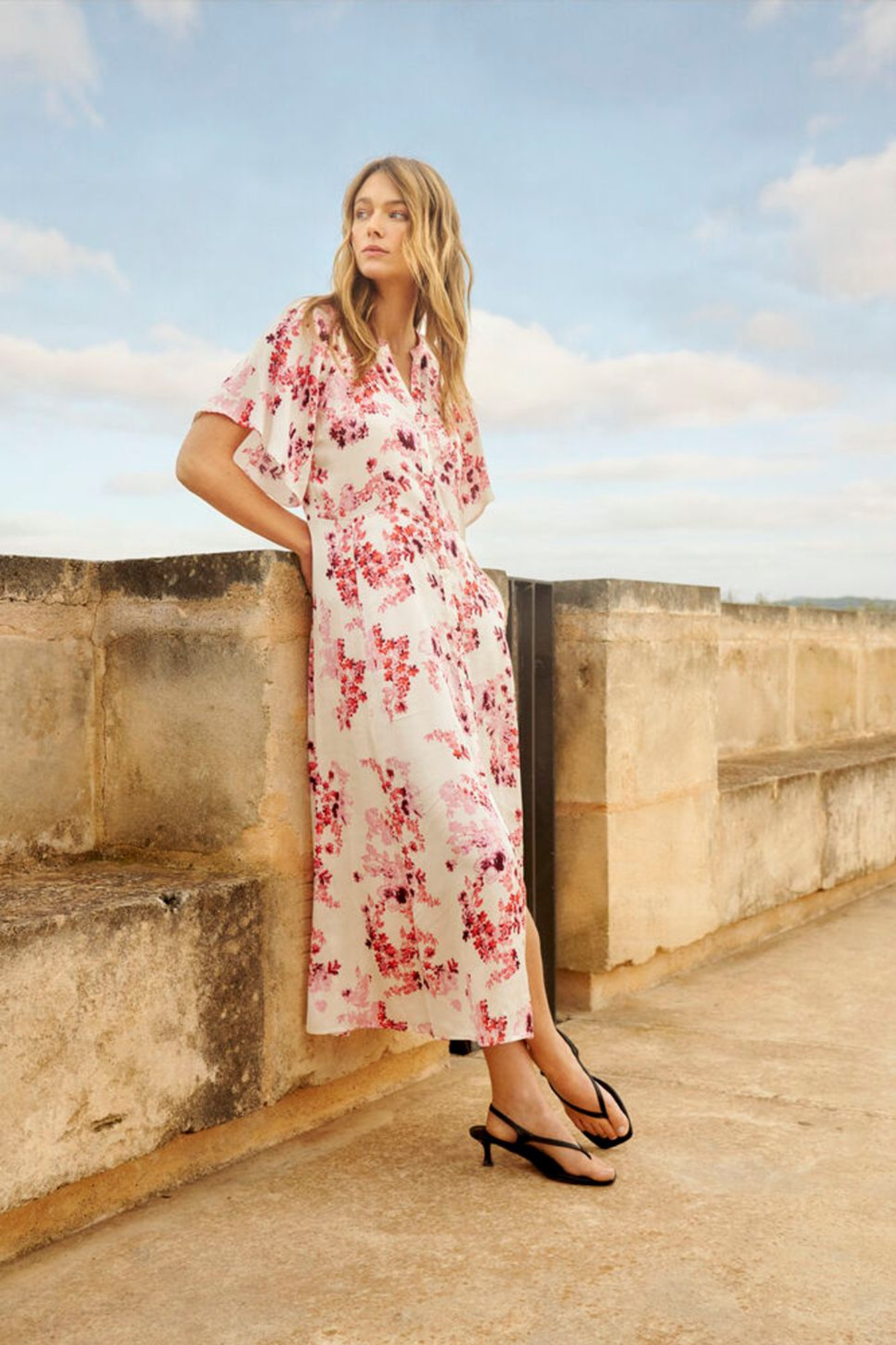 Model wearing Part Two 30310465 AlajaPW Pink Shadow Flower Print Dress by part two, shop part two at Dotique outdoors