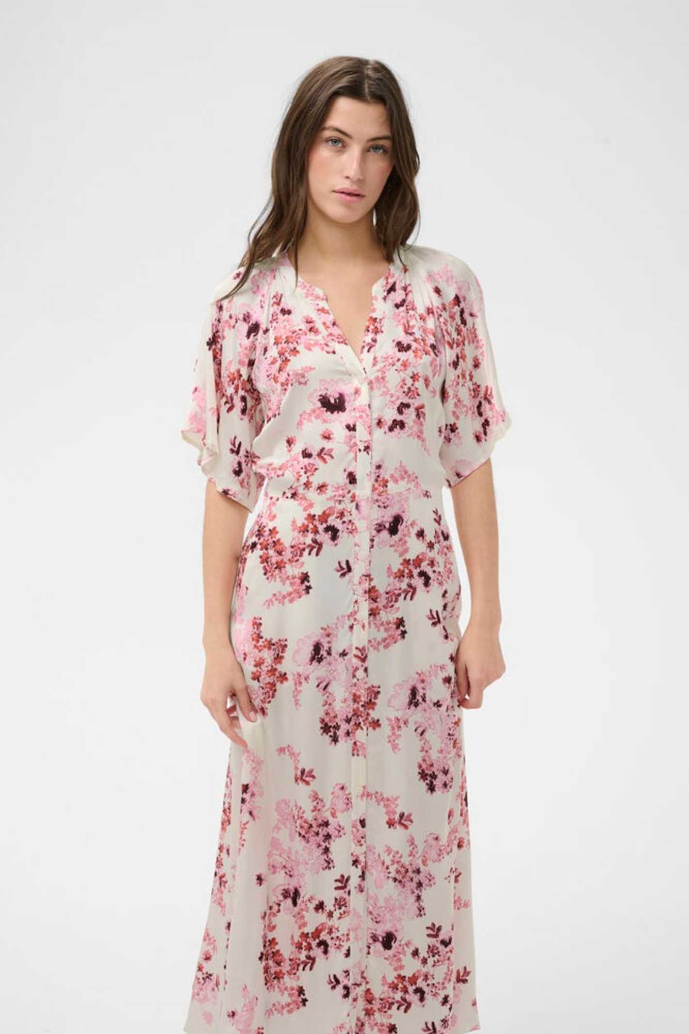 Model wearing Part Two 30310465 AlajaPW Pink Shadow Flower Print Dress by part two, shop part two at Dotique in floral design
