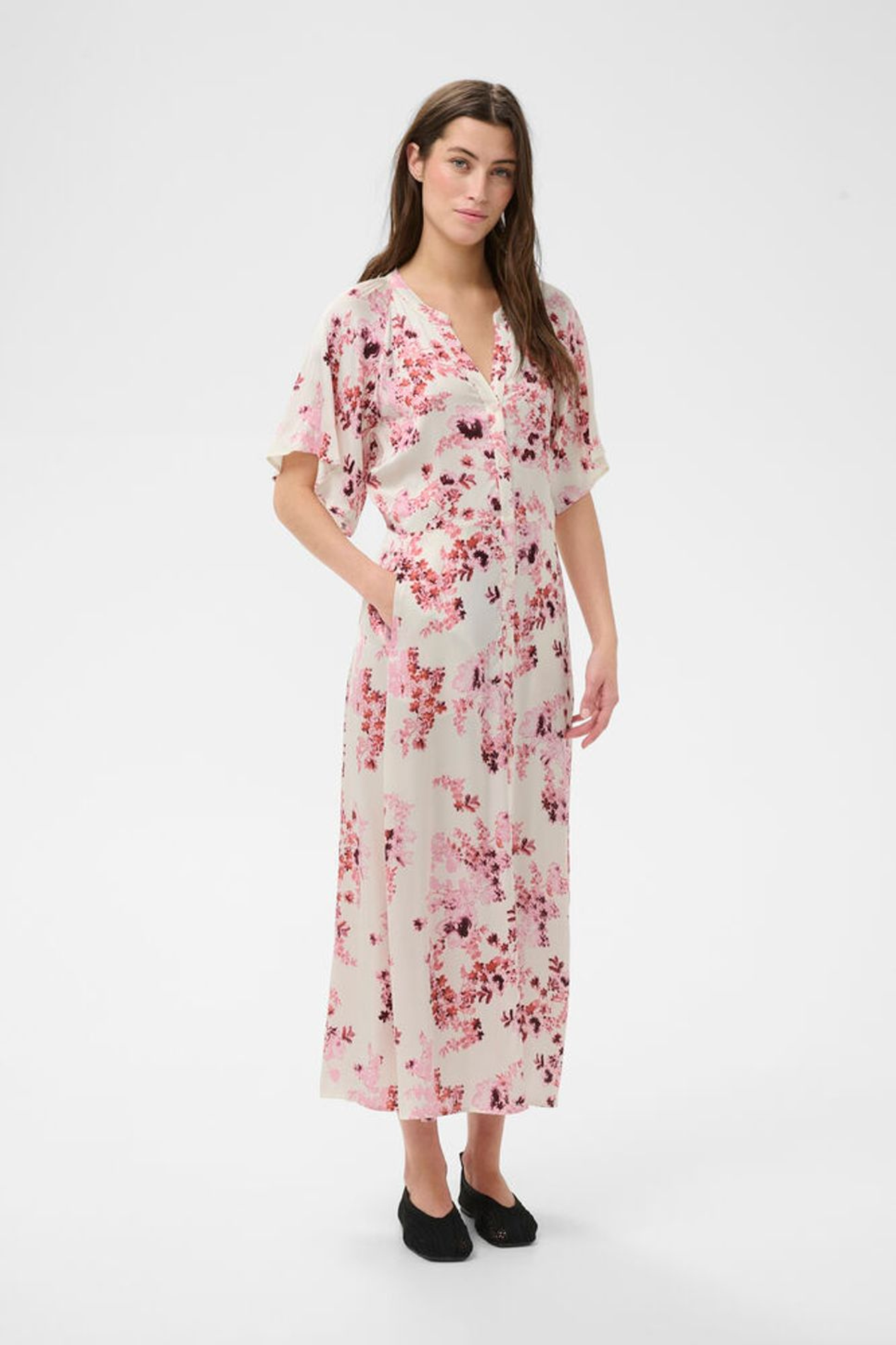 Model wearing Part Two 30310465 AlajaPW Pink Shadow Flower Print Dress by part two, shop part two at Dotique in soft floral design