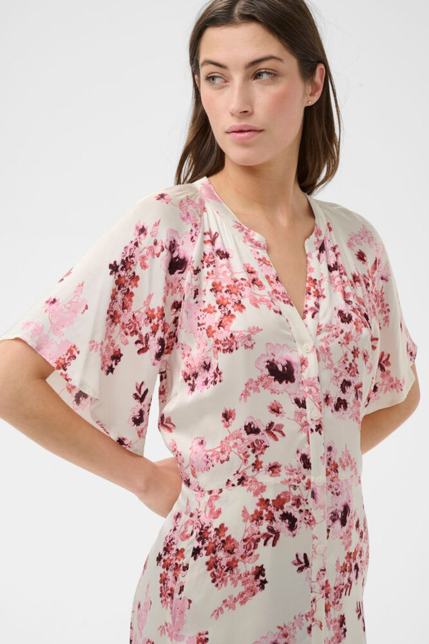 Close-up of Part Two 30310465 AlajaPW Pink Shadow Flower Print Dress by part two, shop part two at Dotique in floral pattern design