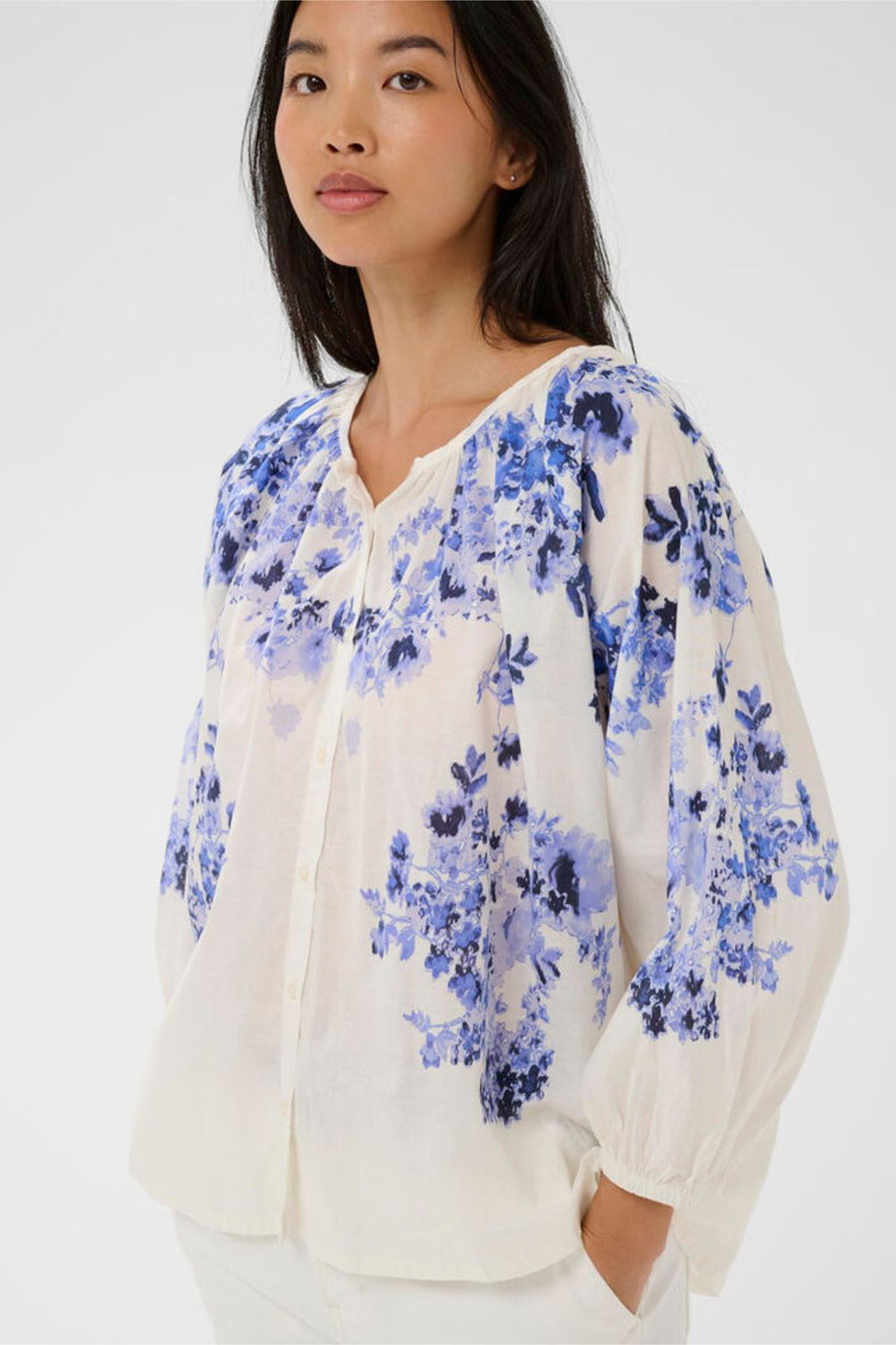 Woman wearing Part Two 30310427 AlexiPW Blue Shadow Flower Print Blouse by Part Two, shop Part Two at Dotique.