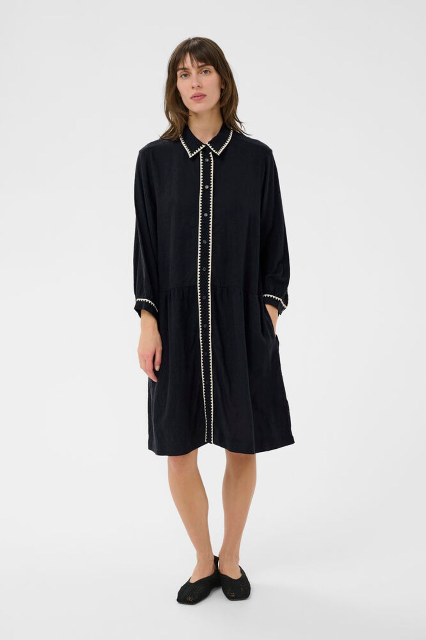 Model wearing Part Two 30310478 AliviaPW After Midnight Dress by part two with contrast trim, shop part two at Dotique