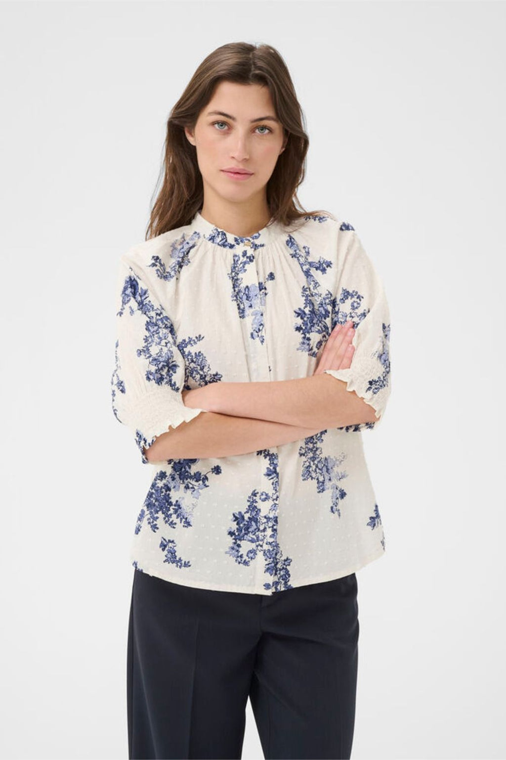 Woman wearing Part Two 30310709 AlmerasPW Blue Shadow Flower Print Shirt by Part Two, shop Part Two at Dotique.