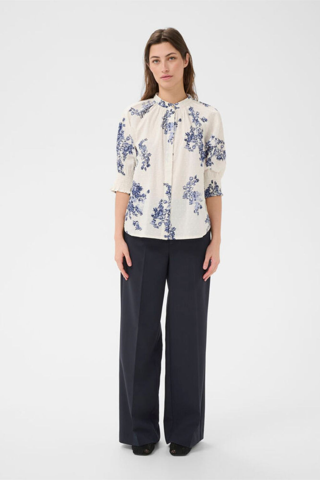 Woman wearing Part Two 30310709 AlmerasPW Blue Shadow Flower Print Shirt by Part Two, shop Part Two at Dotique.