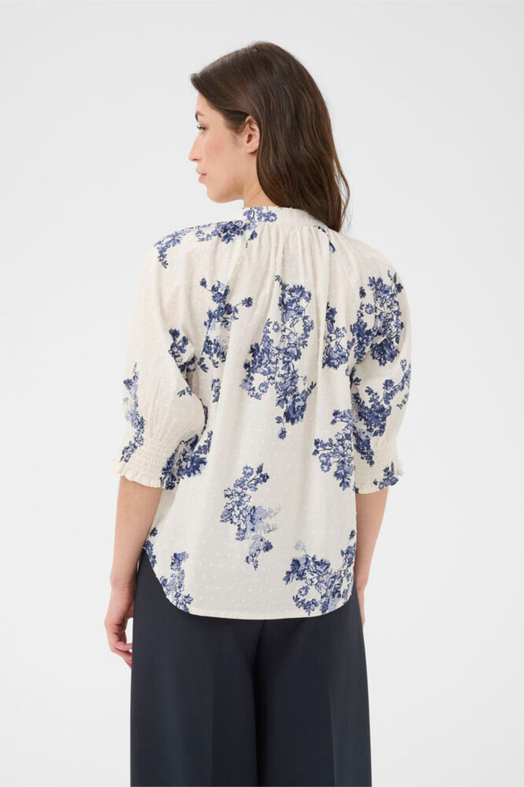 Woman wearing Part Two 30310709 AlmerasPW Blue Shadow Flower Print Shirt by Part Two, shop Part Two at Dotique