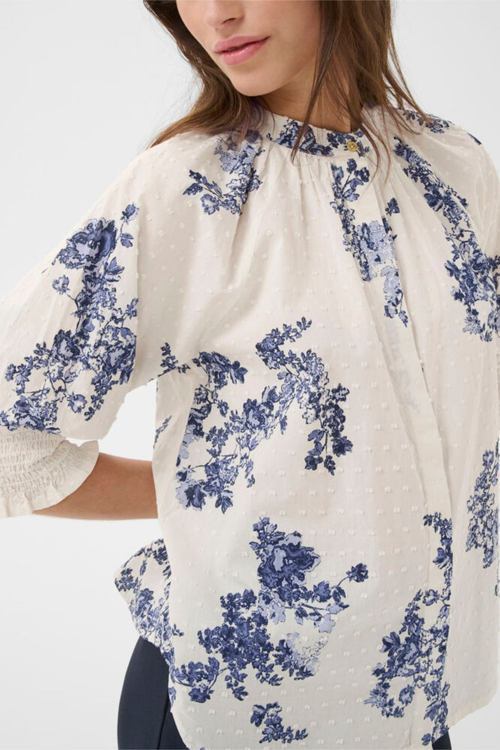 Close-up of a woman wearing Part Two 30310709 AlmerasPW Blue Shadow Flower Print Shirt by Part Two Shop Part Two at Dotique