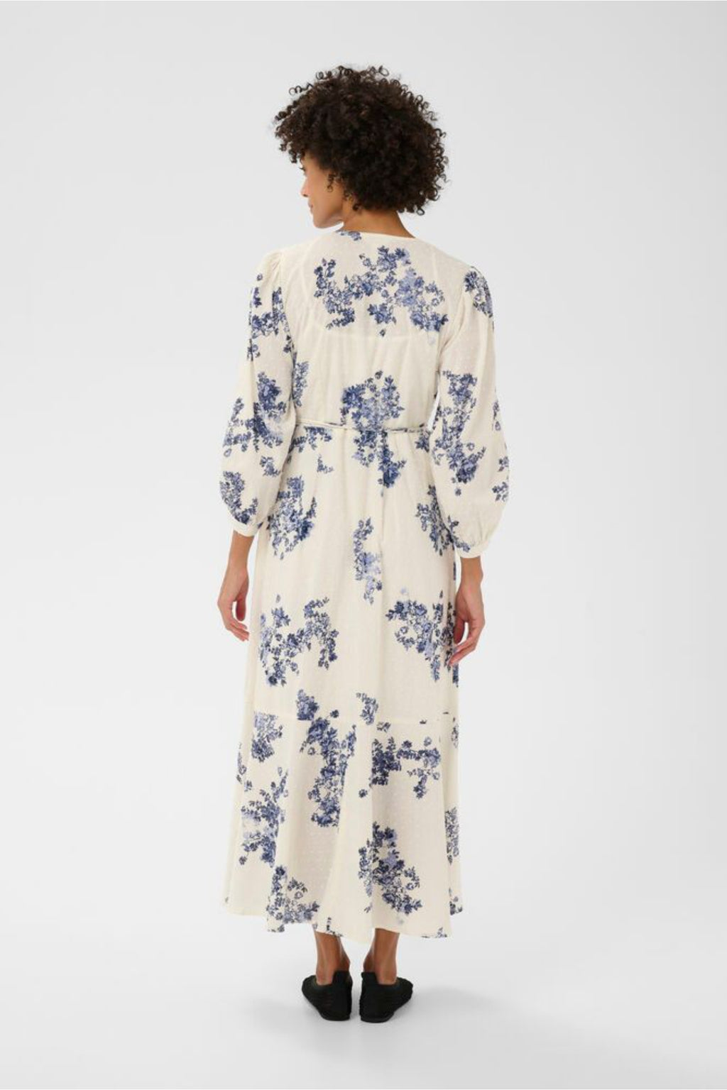 Woman wearing Part Two 30310448 AlyaPW Blue Shadow Flower Print Dress by Part Two, shop Part Two at Dotique.