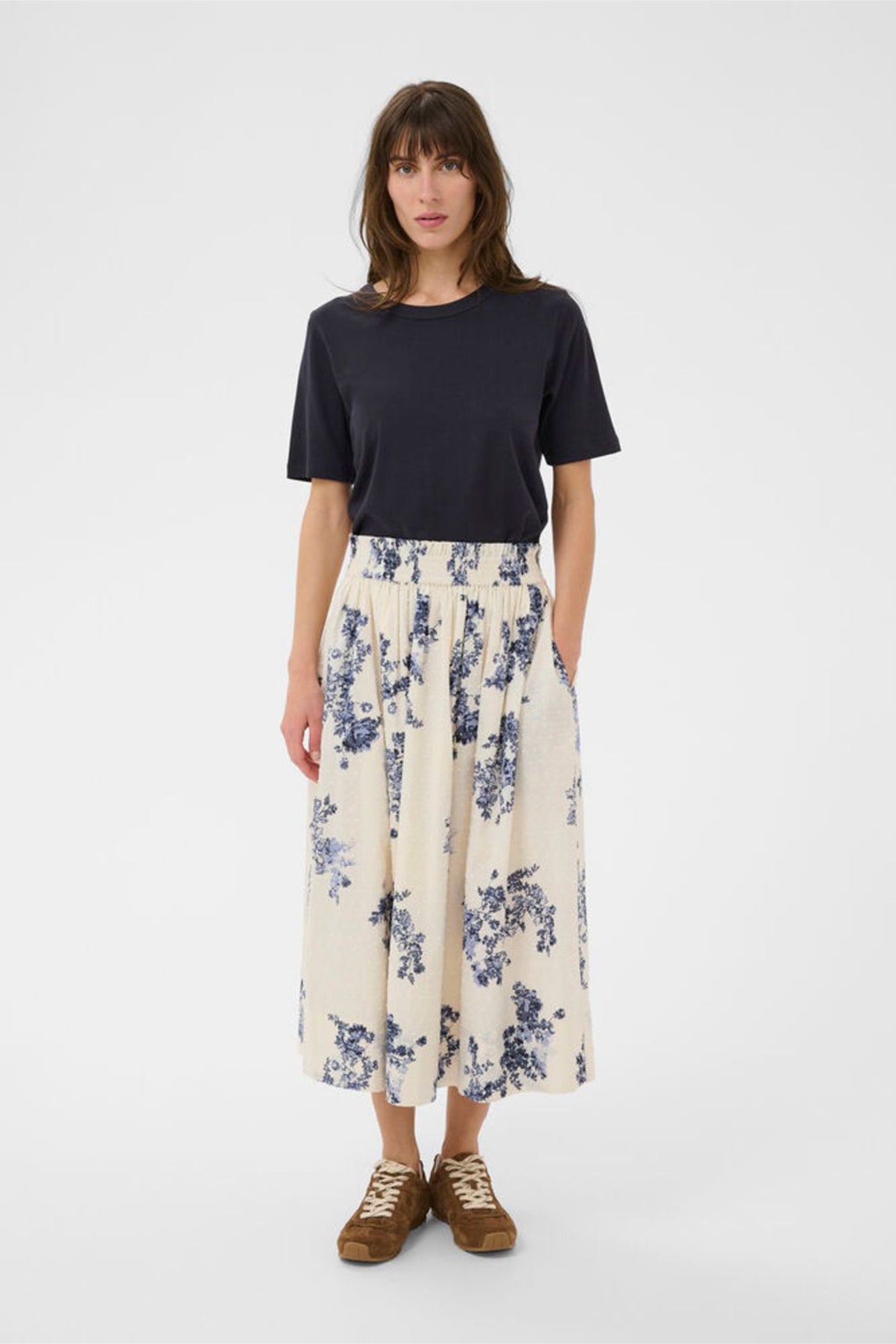 Woman wearing Part Two 30310449 AmaiaPW Blue Shadow Flower Print Skirt by Part Two, shop Part Two at Dotique.