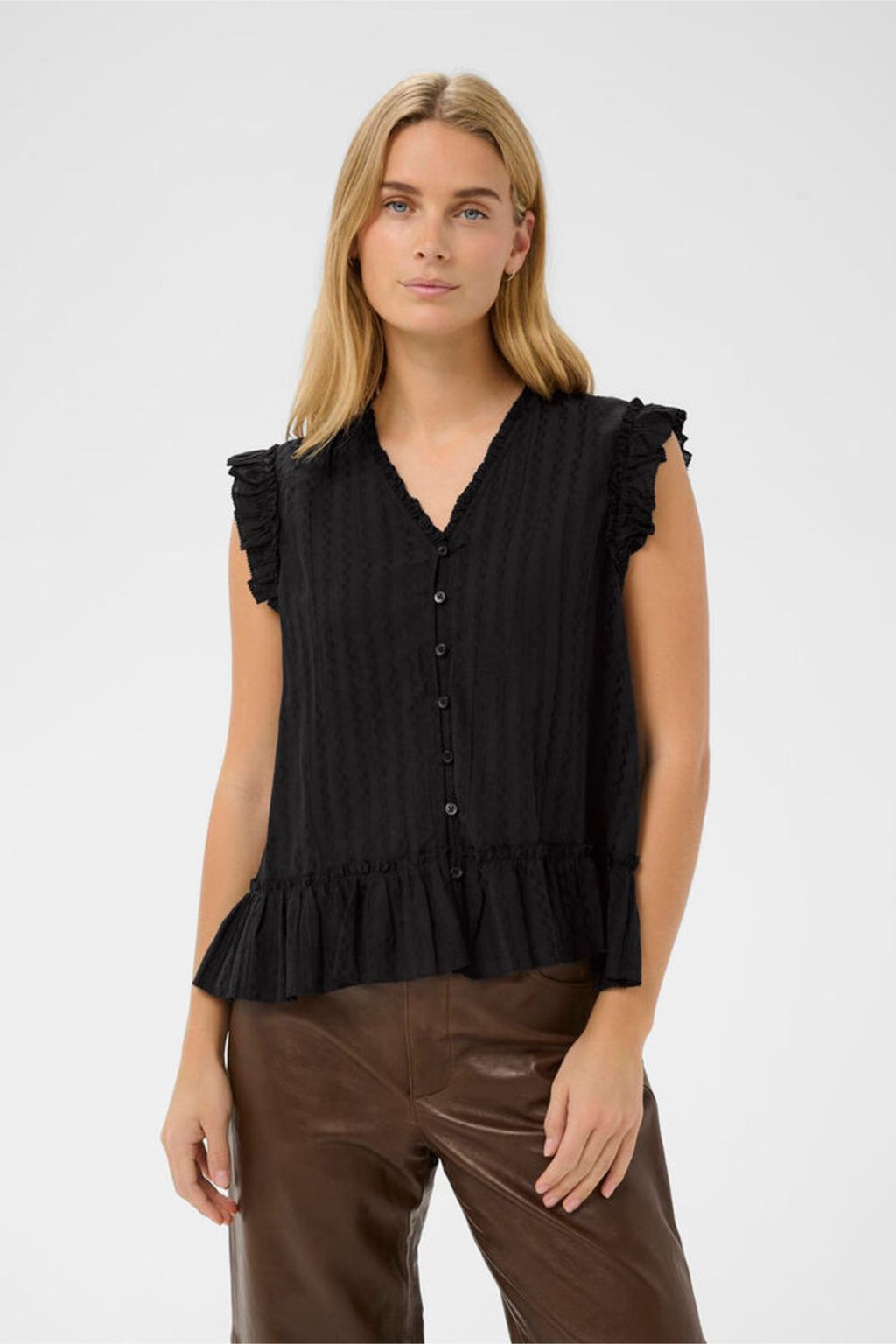 Female model wearing Part Two 30310456 AnekaPW Black Top by Part Two, shop Part Two at Dotique for stylish fashion.