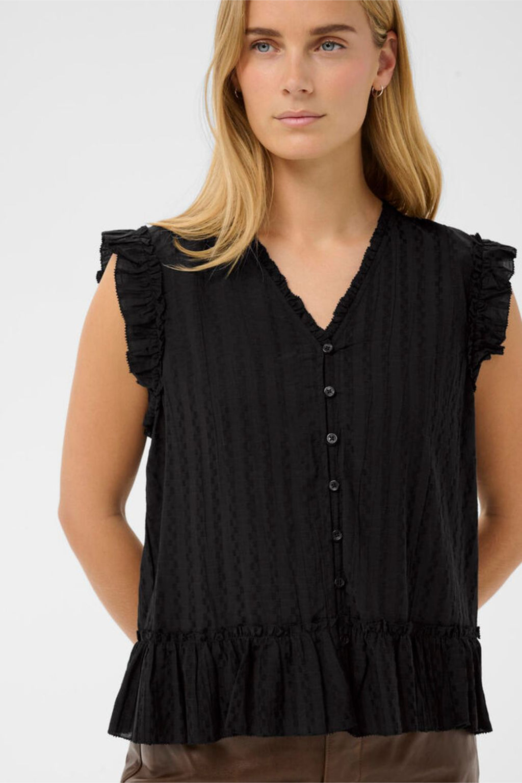 Woman wearing Part Two 30310456 AnekaPW Black Top by Part Two, shop Part Two at Dotique for stylish clothing.