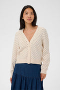 Model wearing Part Two 30310394 AnessaPW Dark Navy Dot Print Cardigan by Part Two, shop the vendor at Dotique.