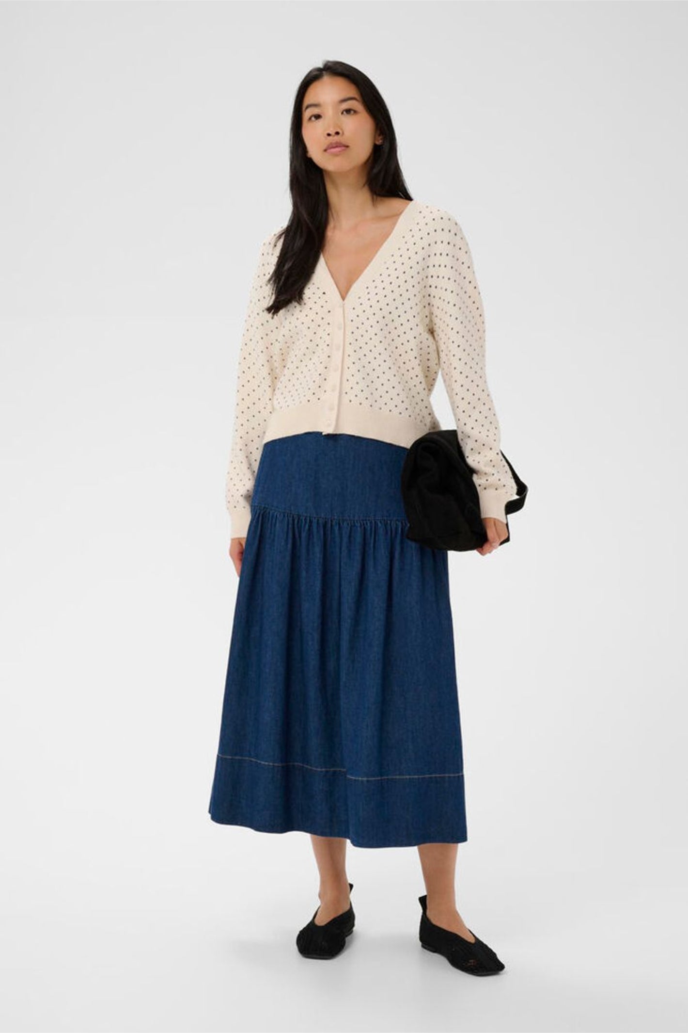Model wearing Part Two 30310394 AnessaPW Dark Navy Dot Print Cardigan by Part Two, shop Part Two at Dotique.