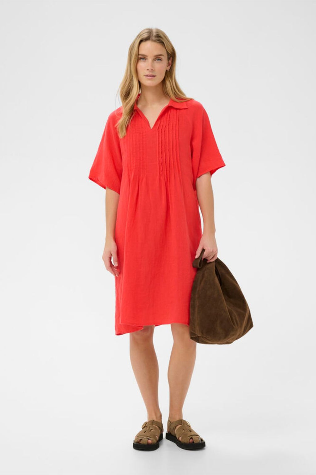 Model wearing Part Two 30310415 AylaPW Poppy Red Dress by Part Two, shop Part Two at Dotique online store.