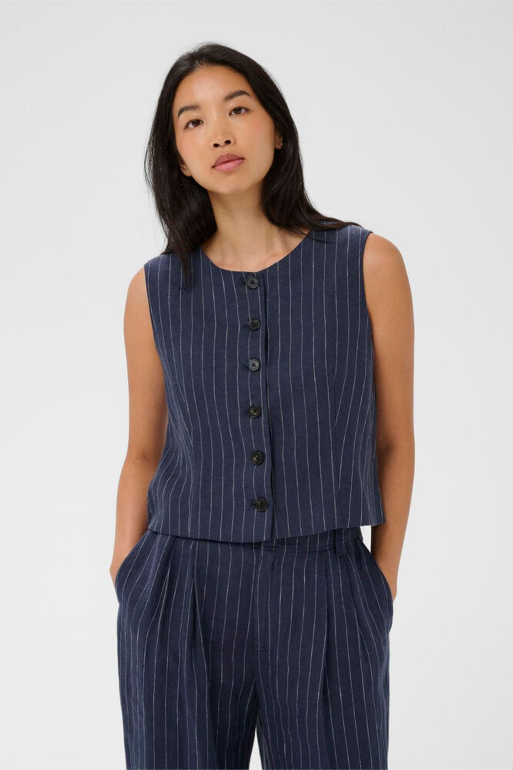 Woman wearing Part Two 30310487 AzaniaPW Blue Nights Pinstripe Waistcoat by Part Two, shop Part Two at Dotique.