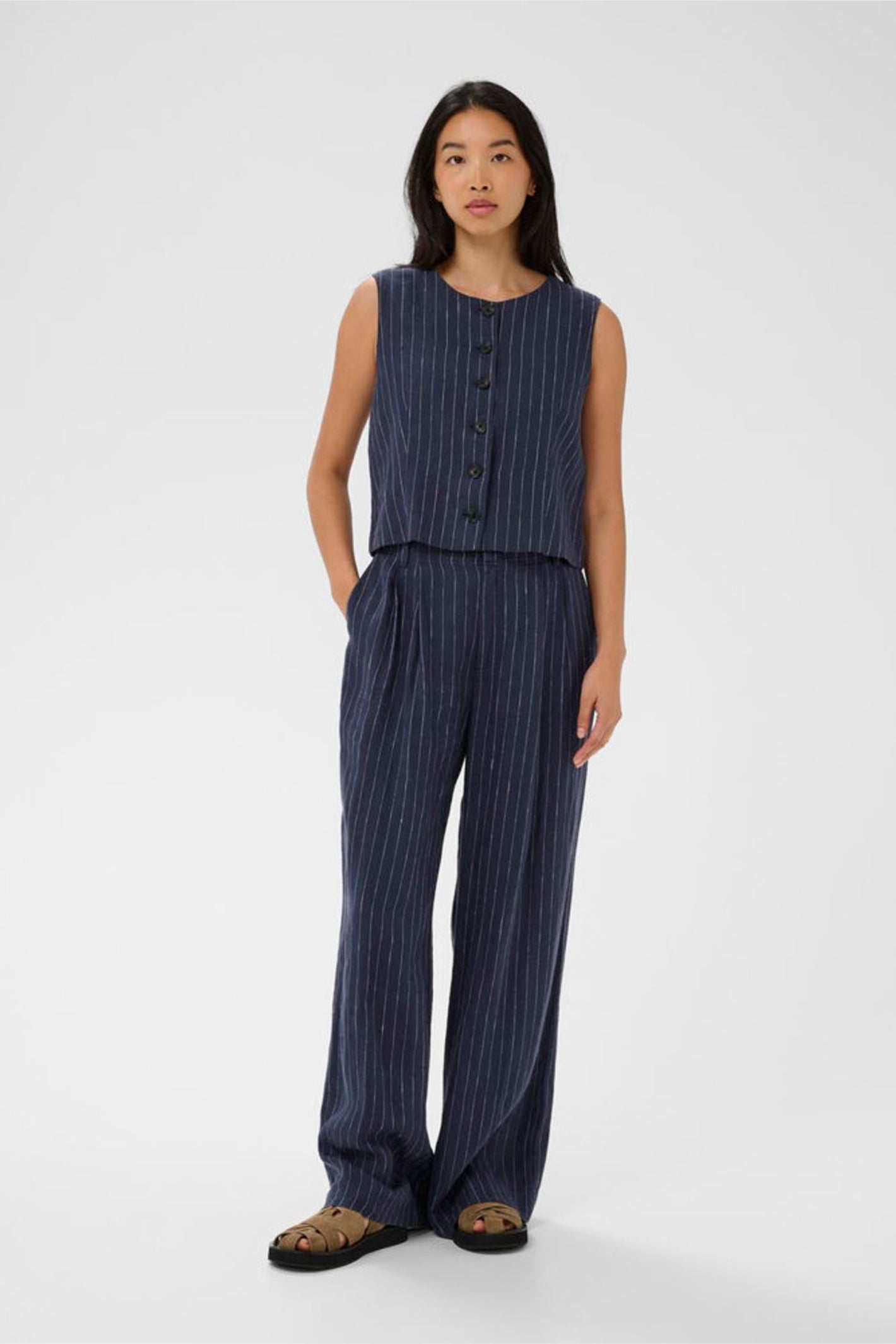 Model wearing Part Two 30310487 AzaniaPW Blue Nights Pinstripe Waistcoat by Part Two, shop Part Two at Dotique