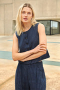Woman wearing Part Two 30310487 AzaniaPW Blue Nights Pinstripe Waistcoat by Part Two, shop Part Two at Dotique.