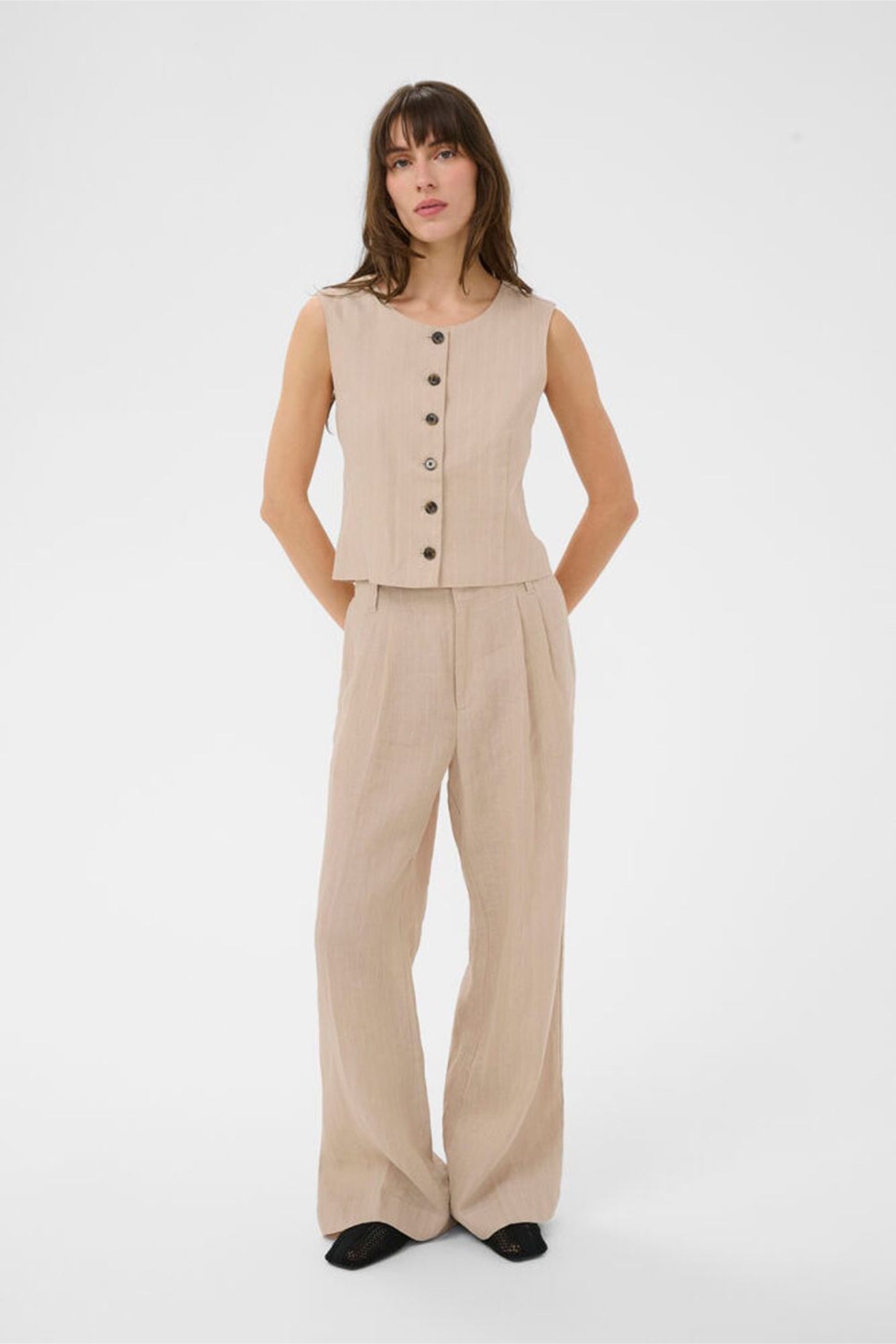 Model wearing Part Two 30310487 AzaniaPW Neutral Pinstripe Waistcoat by Part Two, shop Part Two at Dotique.