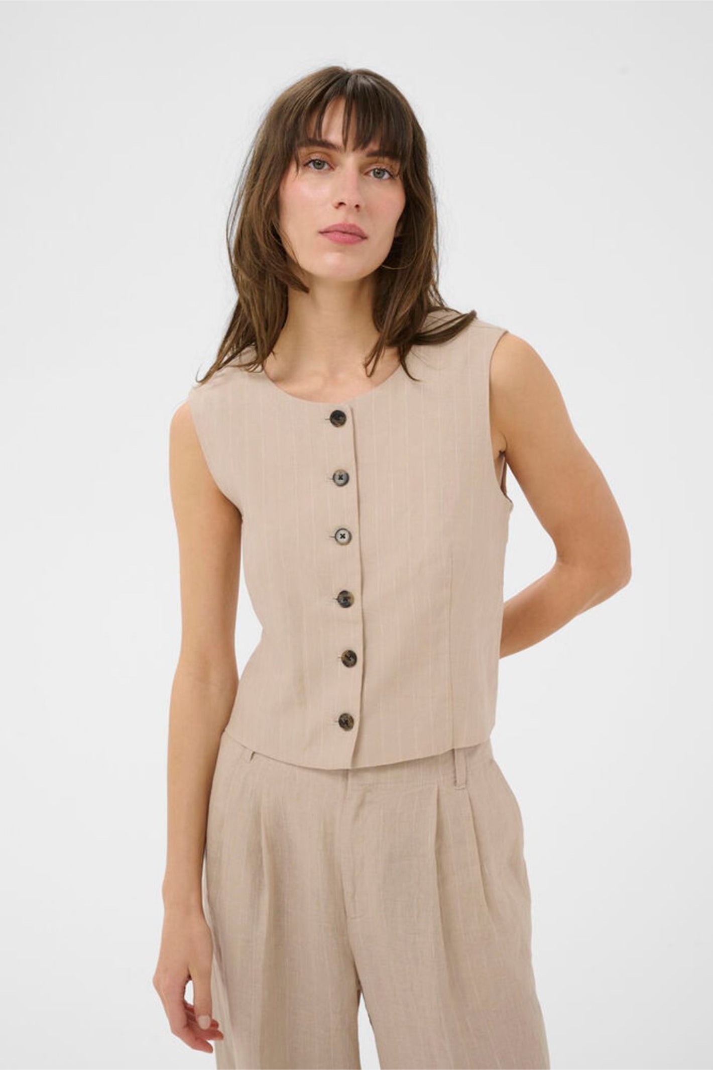 Woman wearing Part Two 30310487 AzaniaPW Neutral Pinstripe Waistcoat by Part Two, shop Part Two at Dotique fashion store.