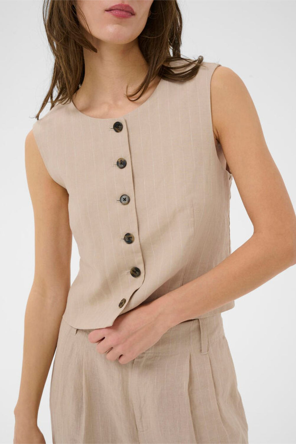 Woman wearing Part Two 30310487 AzaniaPW Neutral Pinstripe Waistcoat by Part Two available to shop at Dotique