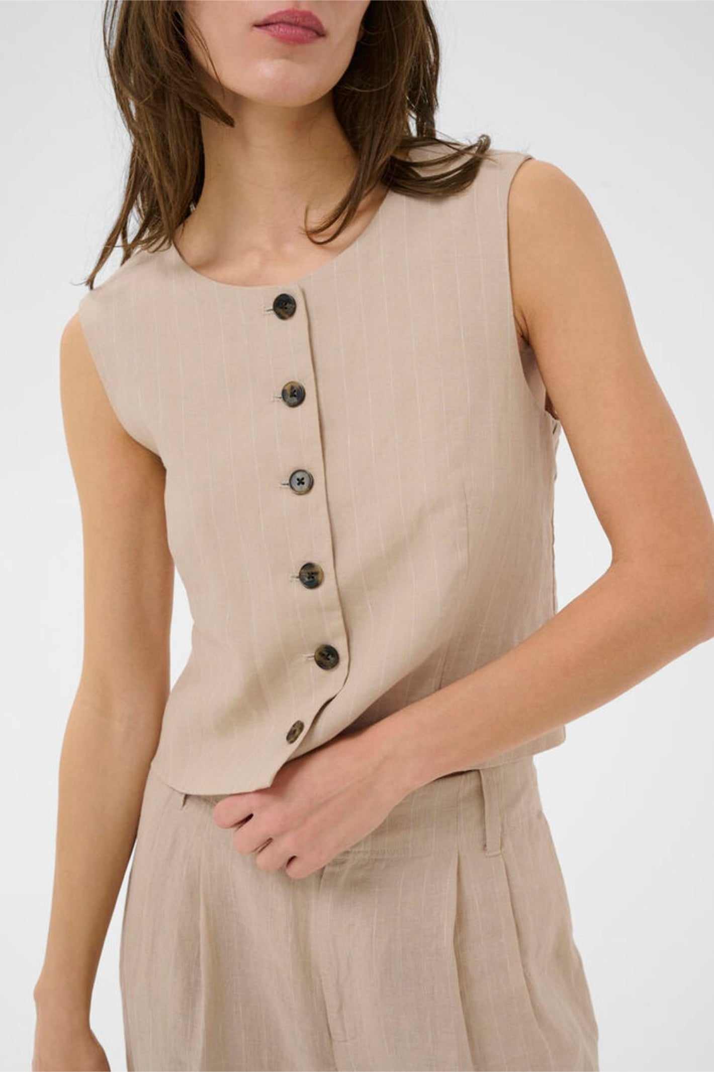 Woman wearing Part Two 30310487 AzaniaPW Neutral Pinstripe Waistcoat by Part Two available to shop at Dotique