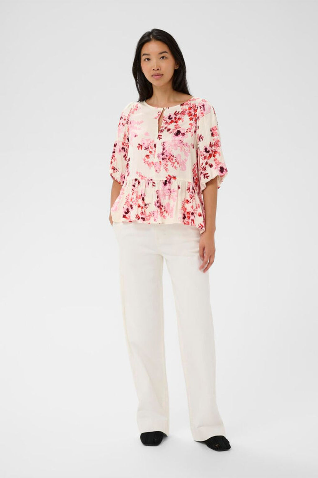 Woman wearing Part Two 30310421 AzeliaPW Pink Shadow Flower Print Blouse by Part Two, available to shop at Dotique.