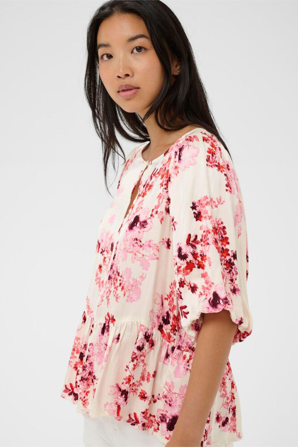 Woman wearing Part Two 30310421 AzeliaPW Pink Shadow Flower Print Blouse by Part Two available to shop at Dotique
