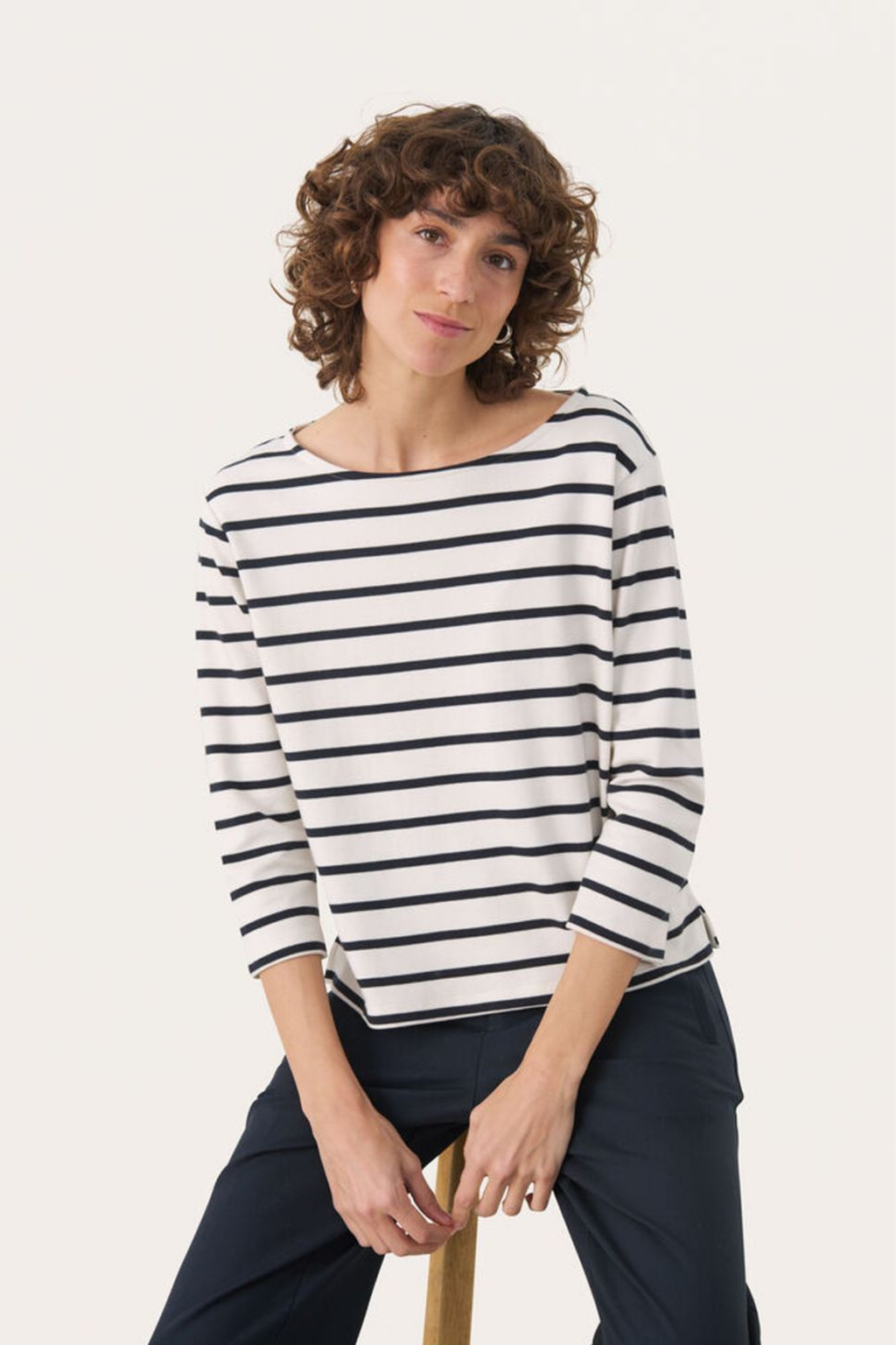 Organic cotton striped T-shirt by Part Two in dark navy and white. A timeless, easy-to-wear everyday staple.