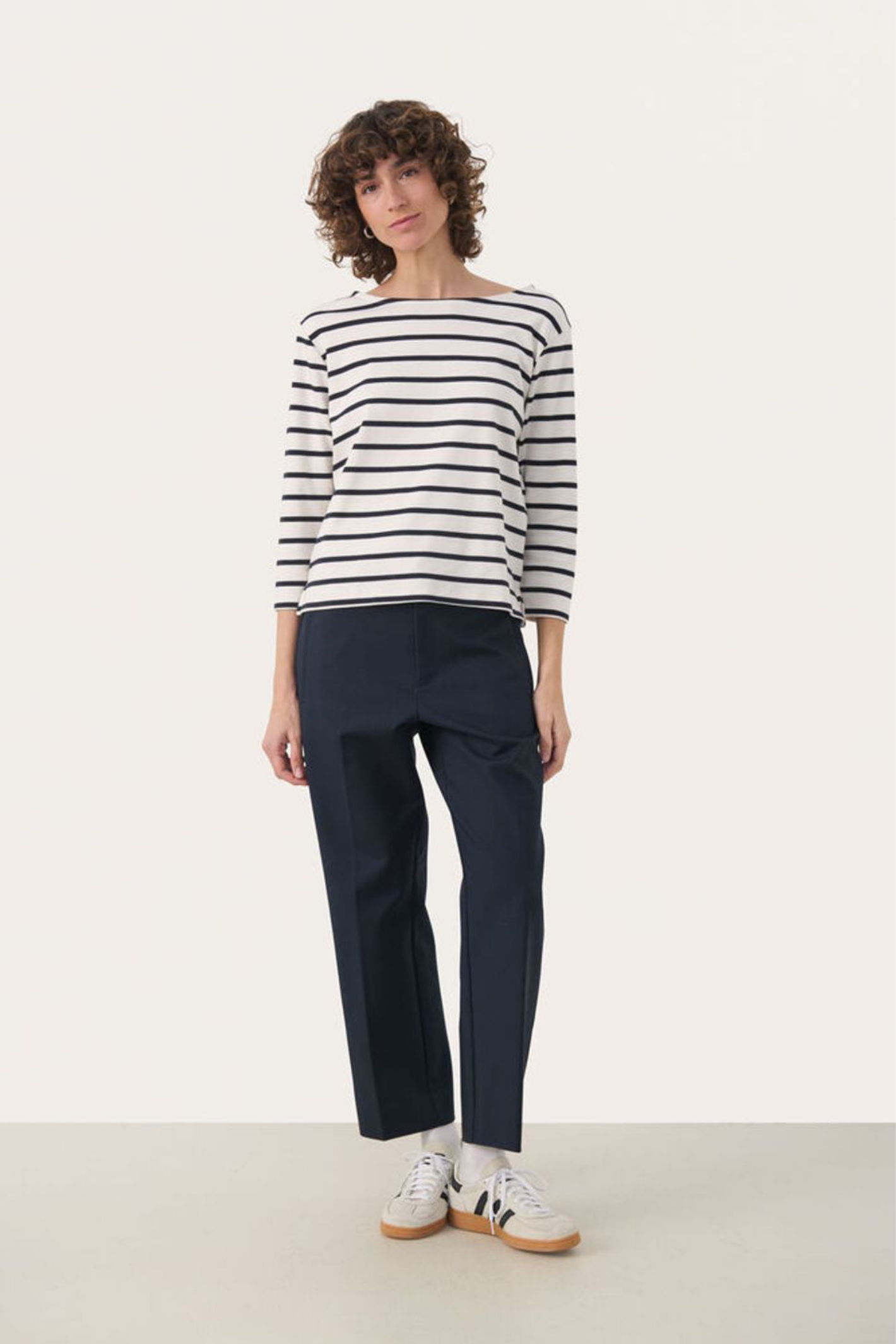 Organic cotton striped T-shirt by Part Two in dark navy and white. A timeless, easy-to-wear everyday staple.