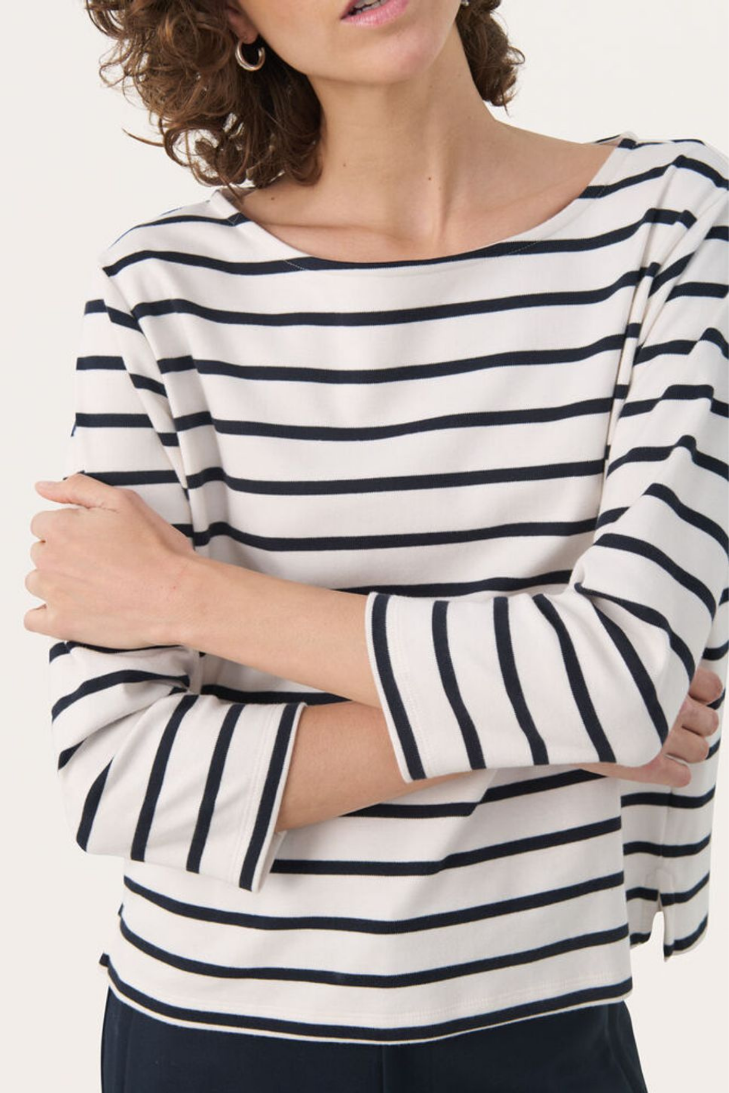 Organic cotton striped T-shirt by Part Two in dark navy and white. A timeless, easy-to-wear everyday staple.