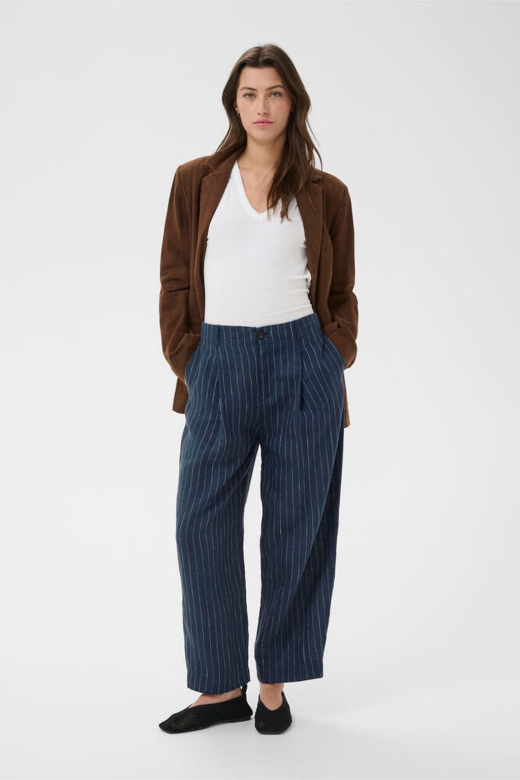 Part Two 30310444 NettasPW Blue Nights Pinstripe Trousers by Part Two modeled with a brown blazer and white top Shop Part Two at Dotique
