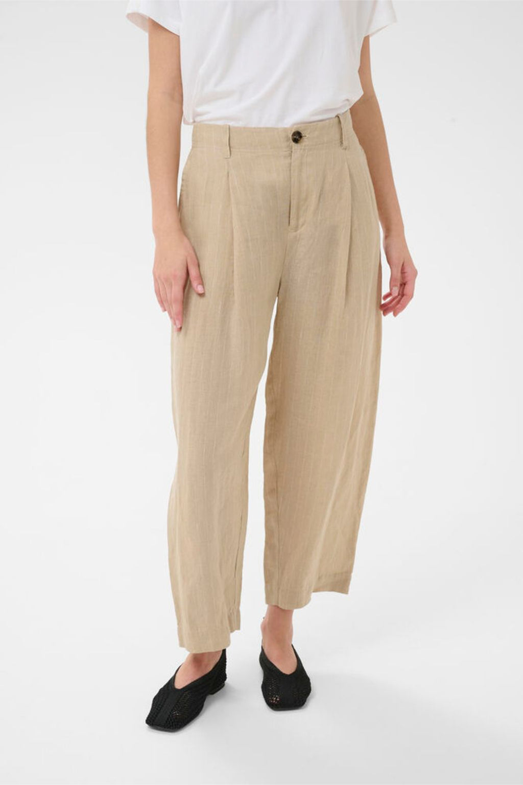 Part Two 30310444 NettasPW Neutral Pinstripe Trousers by Part Two shown on model, shop Part Two at Dotique online.