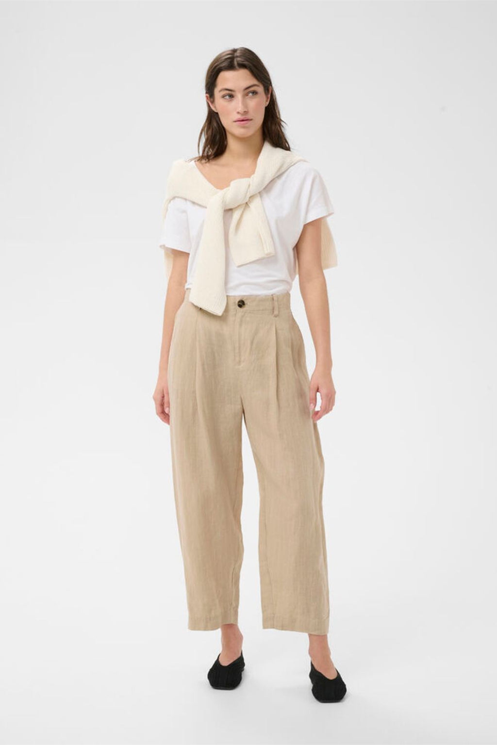 Woman wearing Part Two 30310444 NettasPW Neutral Pinstripe Trousers by Part Two, shop Part Two at Dotique.