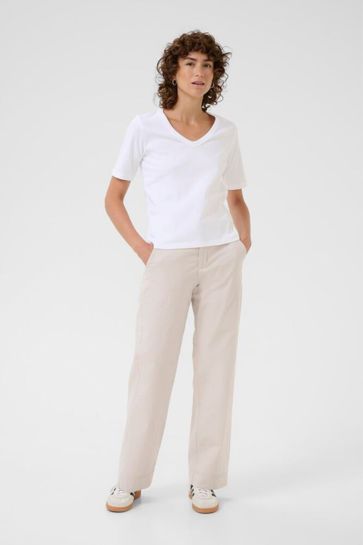 White V-neck T-shirt by Part Two made from 100% organic cotton. A timeless wardrobe staple that’s easy to style with jeans or tailoring. Dotique.