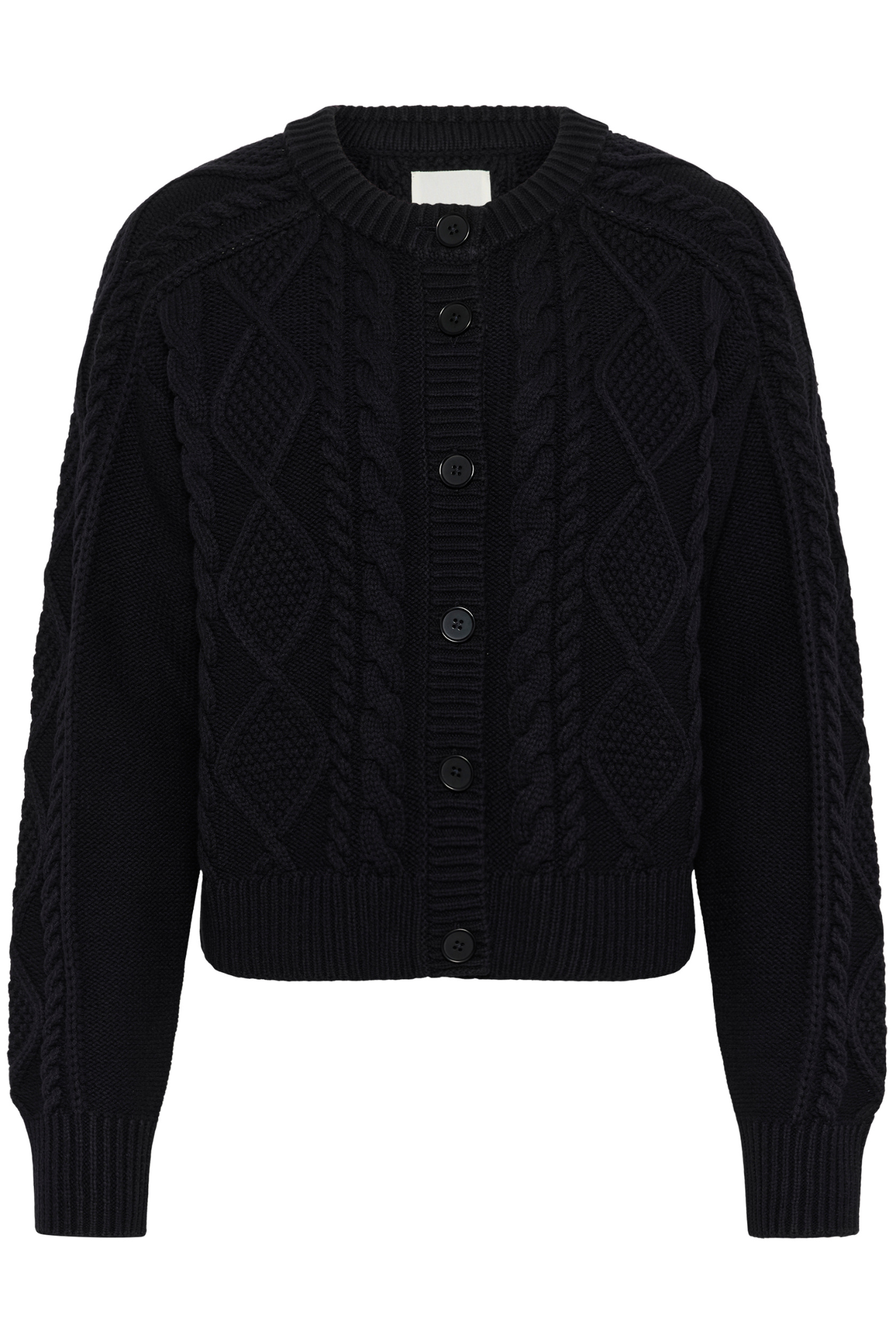 Dark navy cable knit cardigan by Part Two with button front. Soft, easy to wear and perfect for everyday layering.