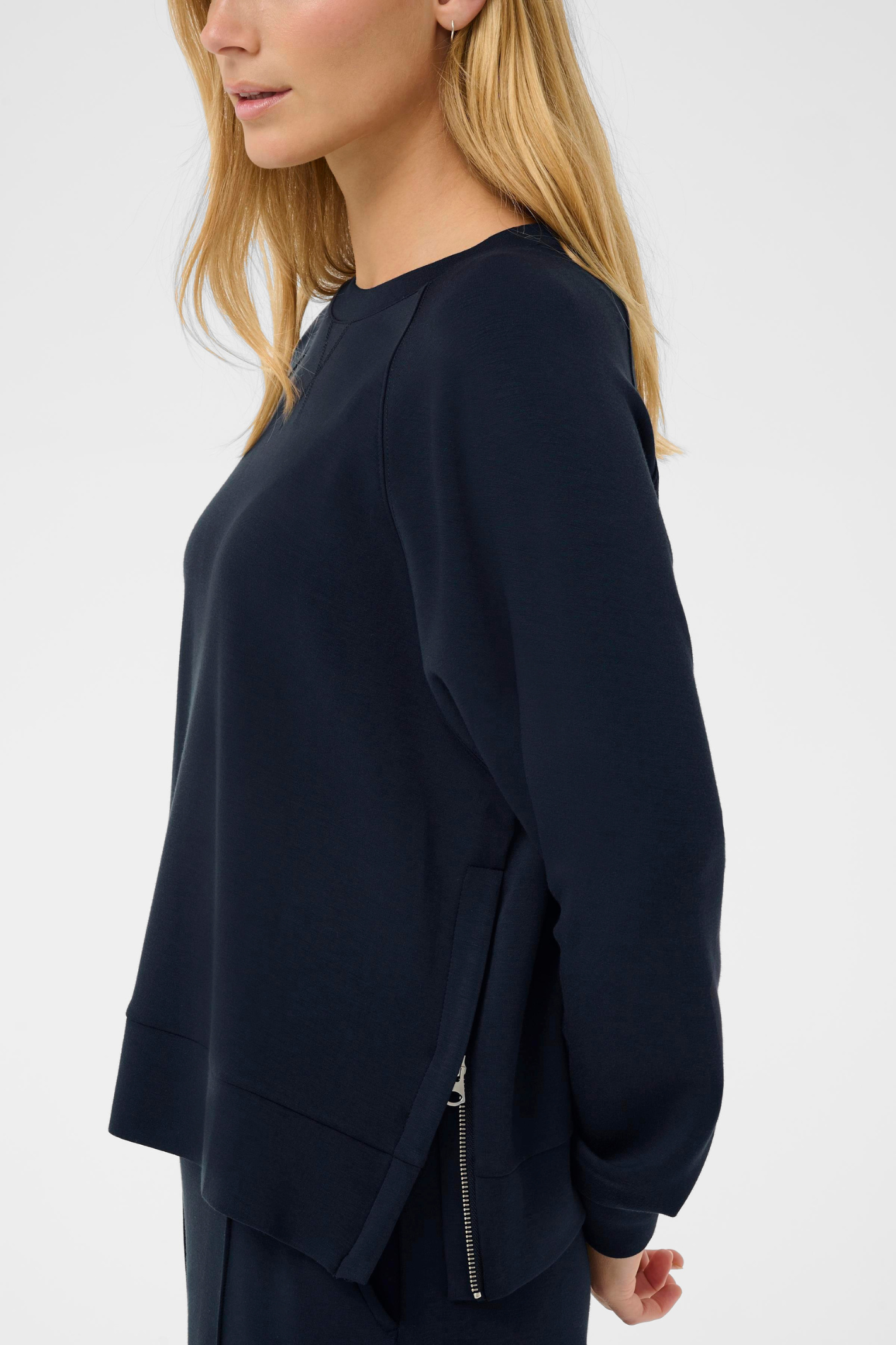Dark navy sweatshirt by Part Two with side zip details. Soft, relaxed and easy to wear for everyday comfort.