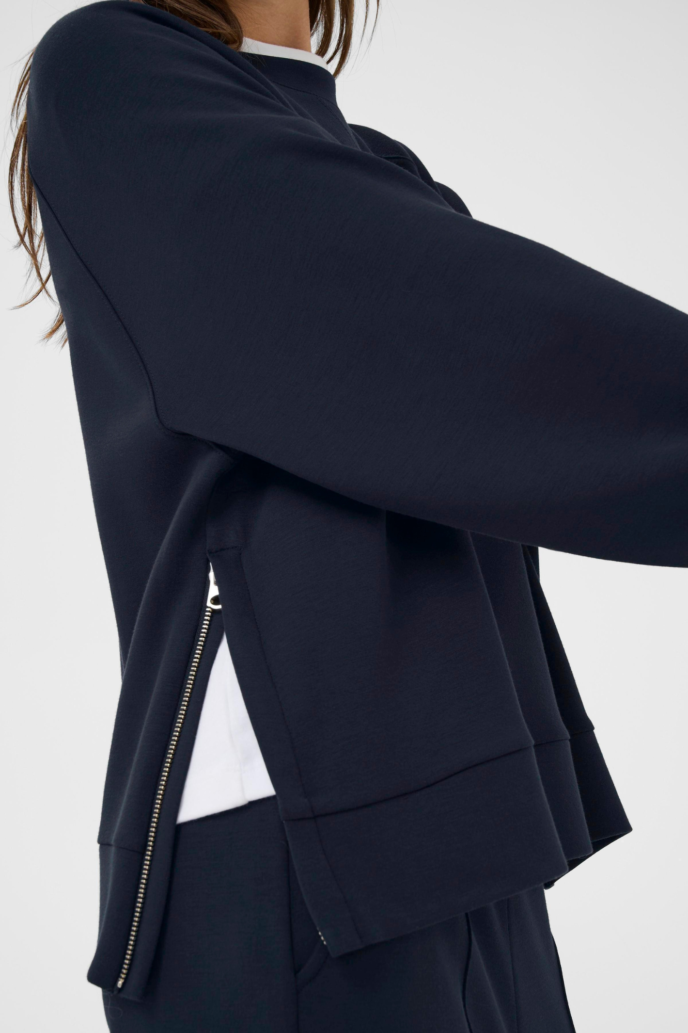 Dark navy sweatshirt by Part Two with side zip details. Soft, relaxed and easy to wear for everyday comfort.