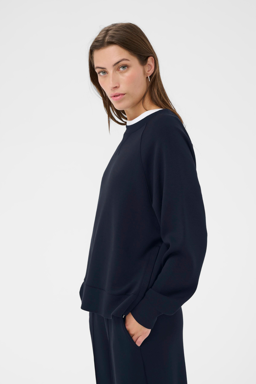 Dark navy sweatshirt by Part Two with side zip details. Soft, relaxed and easy to wear for everyday comfort.