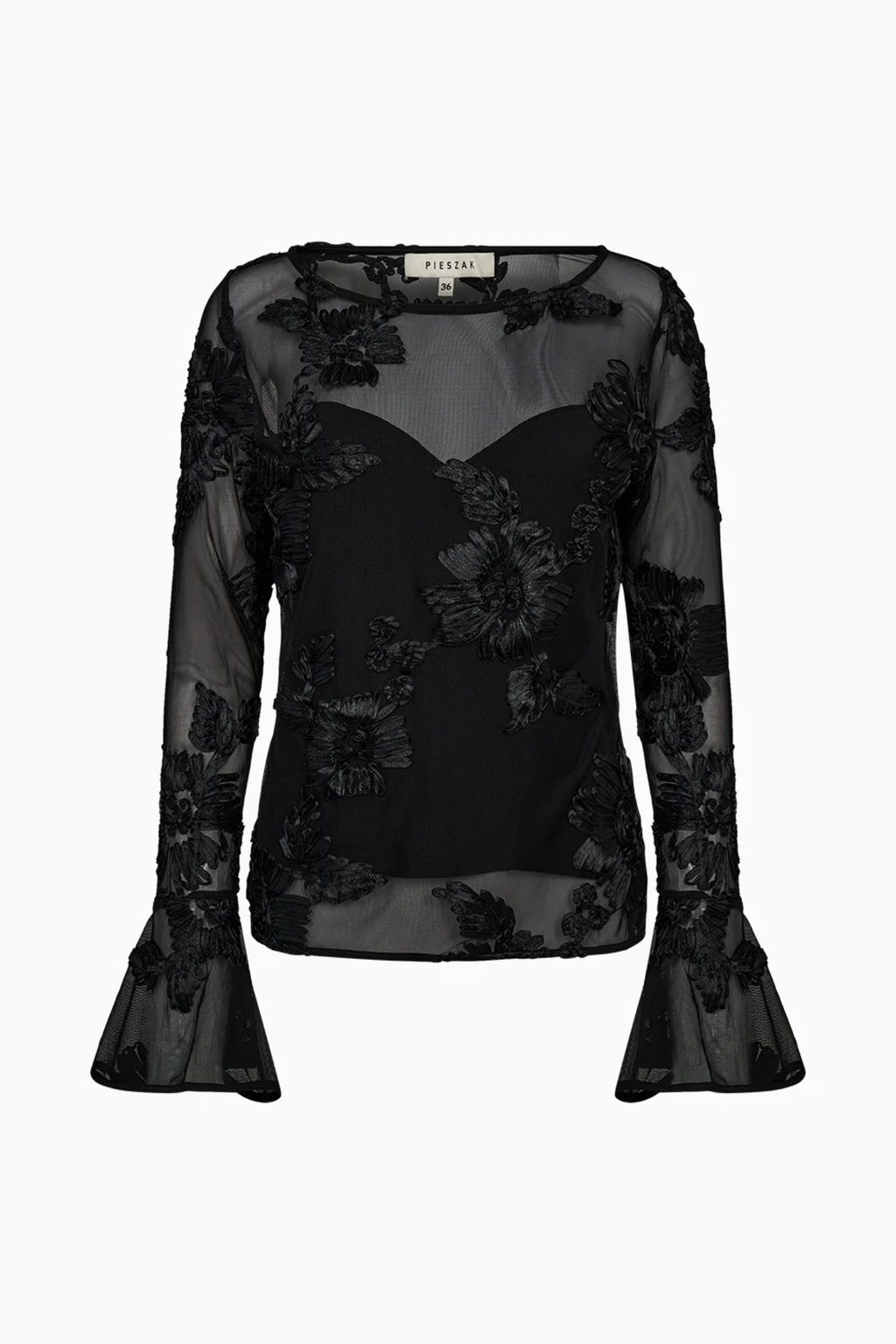 Pieszak J235163 PD-Melia Flounce Sleeve Mesh Blouse Black
