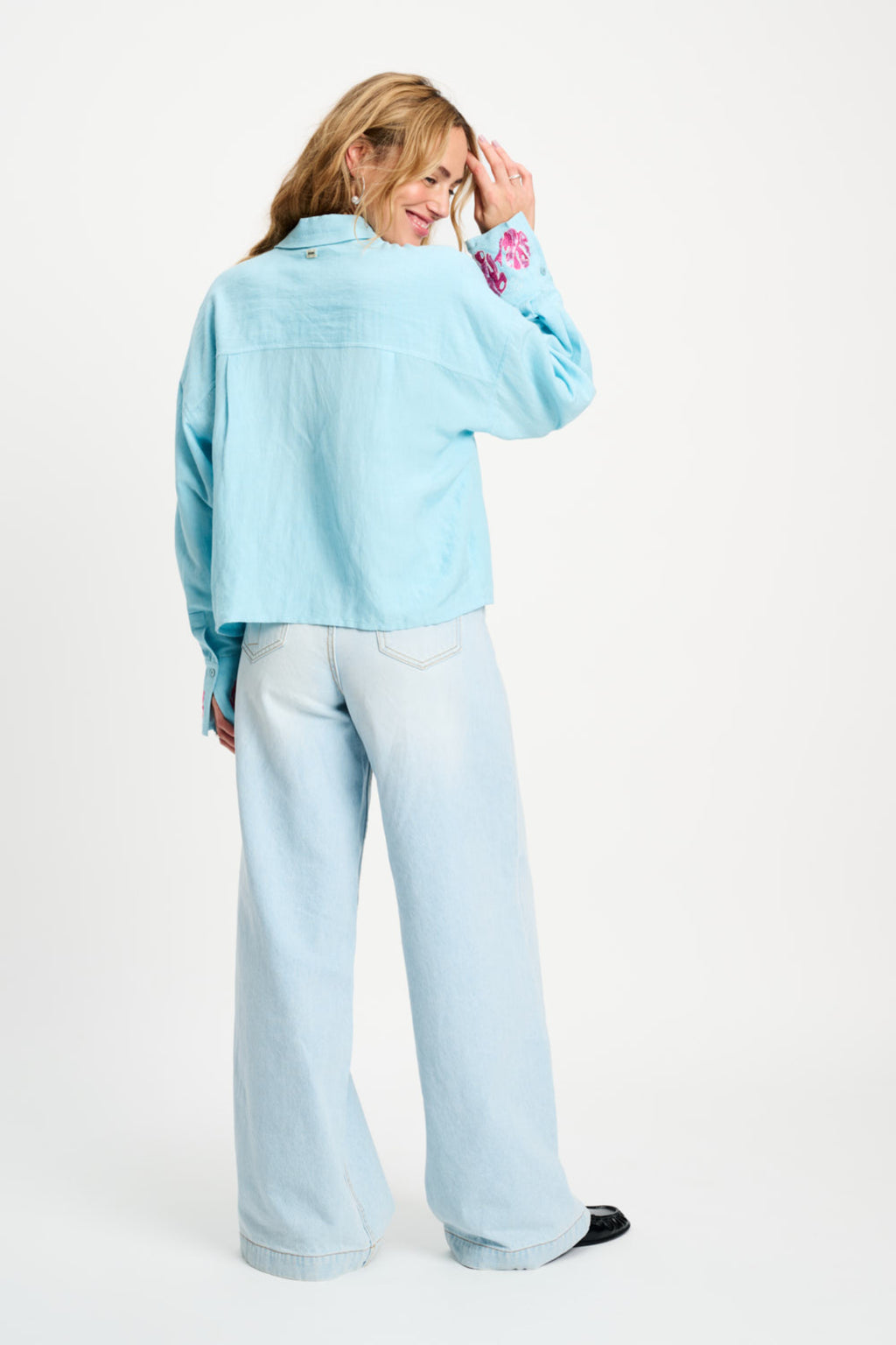 Woman wearing Pom Amsterdam SP9499 Amsterdam Blue Sequins Urban Flora Blouse by Pom Amsterdam, shop Pom Amsterdam at Dotique