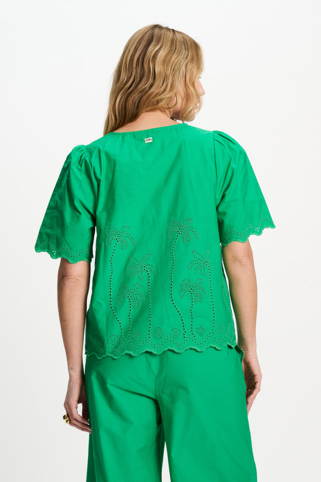 Back view of woman wearing Pom Amsterdam SP9544 Broderie Anglaise Palm Green Organic Cotton Blouse by Pom Amsterdam, shop Dotique
