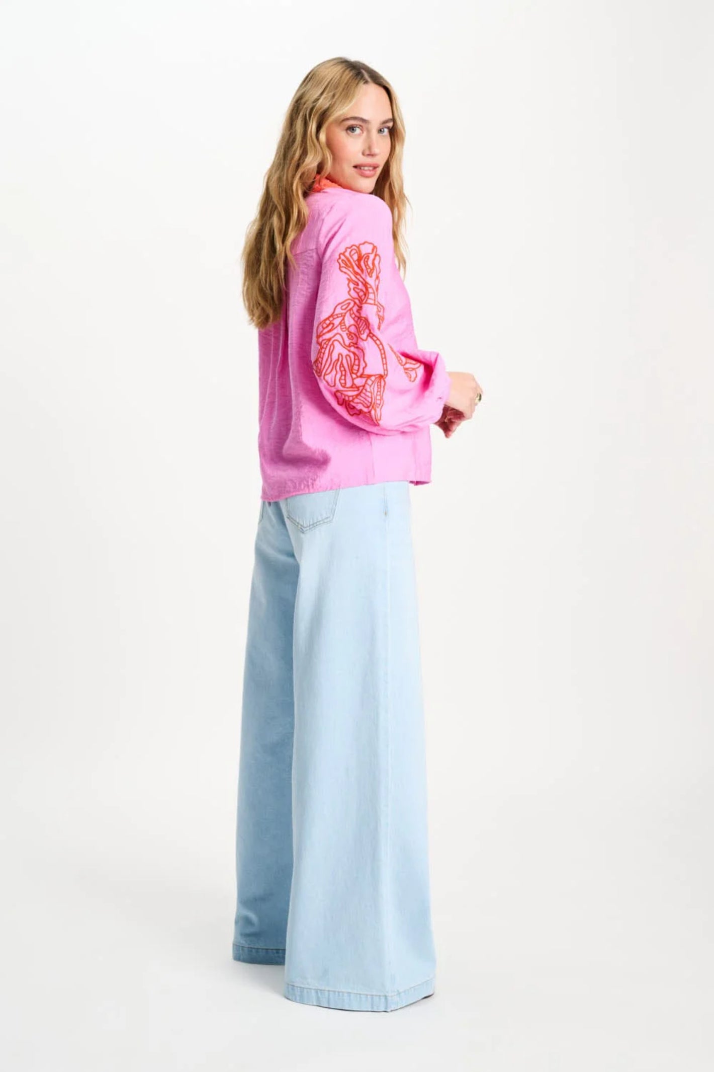 Model wearing Pom Amsterdam SP9506 Cheering Pink Sequins Blouse by Pom Amsterdam, shop Pom Amsterdam at Dotique for chic style