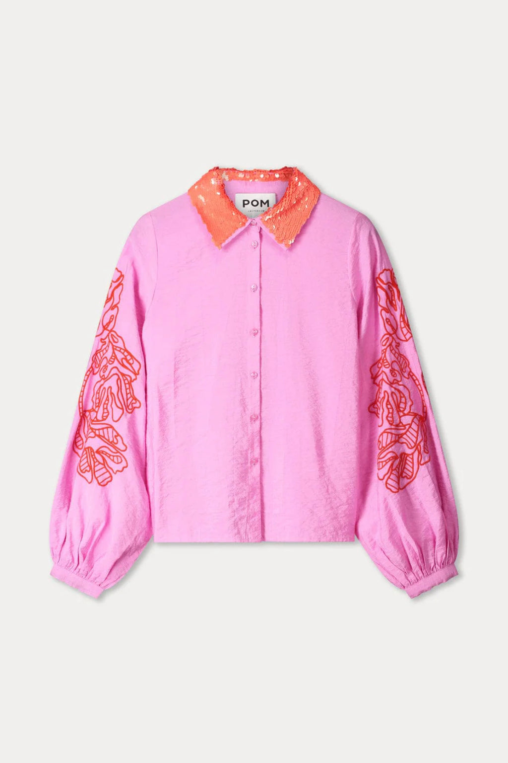 Pom Amsterdam SP9506 Cheering Pink Sequins Blouse with coral sequin collar and embroidered sleeves, shop Pom Amsterdam at Dotique