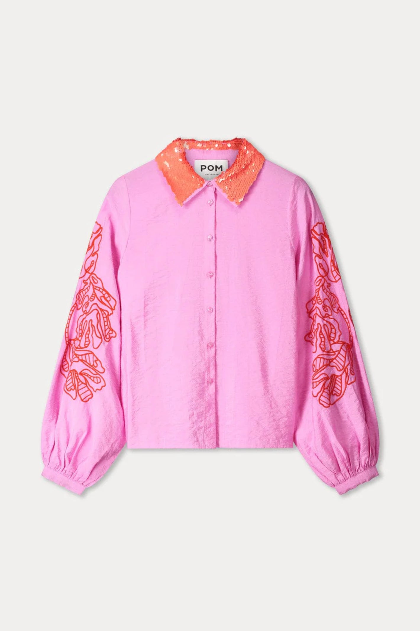 Pom Amsterdam SP9506 Cheering Pink Sequins Blouse with coral sequin collar and embroidered sleeves, shop Pom Amsterdam at Dotique
