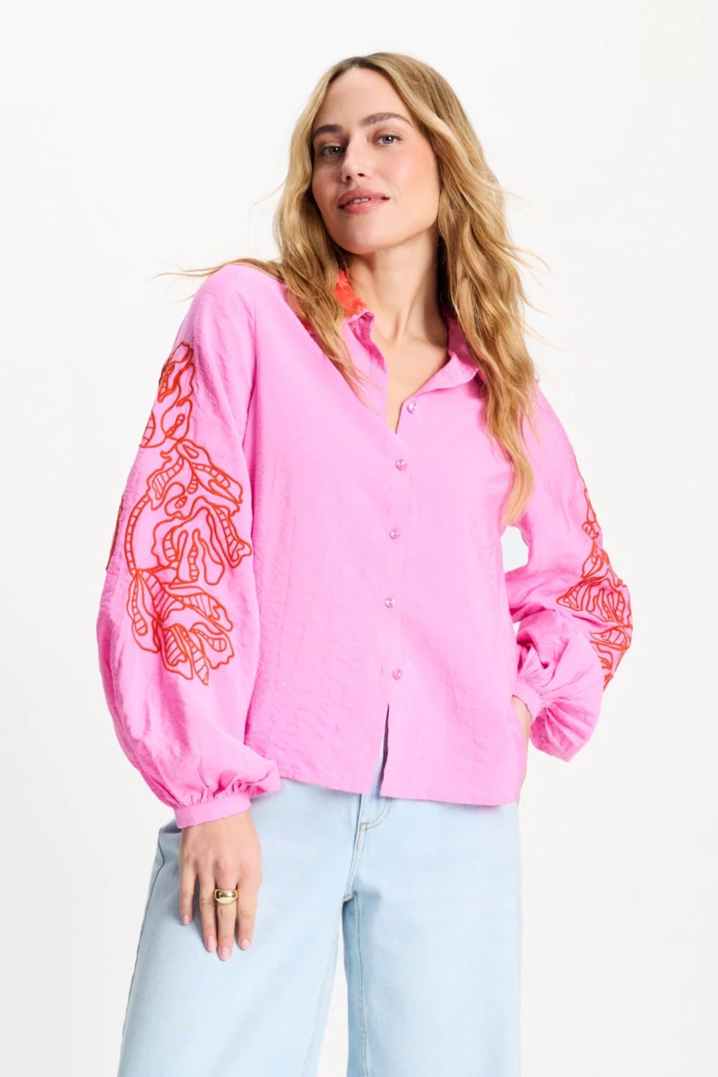 Woman wearing Pom Amsterdam SP9506 Cheering Pink Sequins Blouse by Pom Amsterdam, shop Pom Amsterdam at Dotique for vibrant style