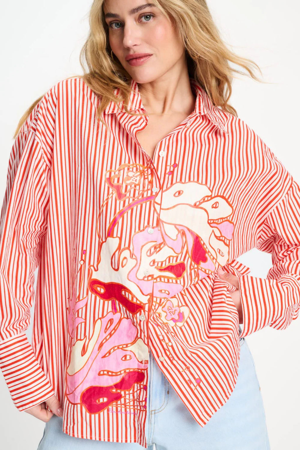 Woman wearing Pom Amsterdam SP9503 Blouse Poplin Striped Orange by Pom Amsterdam, shop Pom Amsterdam at Dotique for bold style