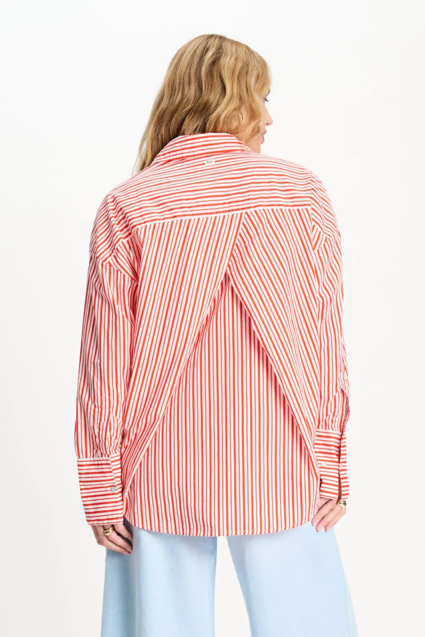 Rear view of woman wearing Pom Amsterdam SP9503 Blouse Poplin Striped Orange by Pom Amsterdam shop Dotique for contemporary style