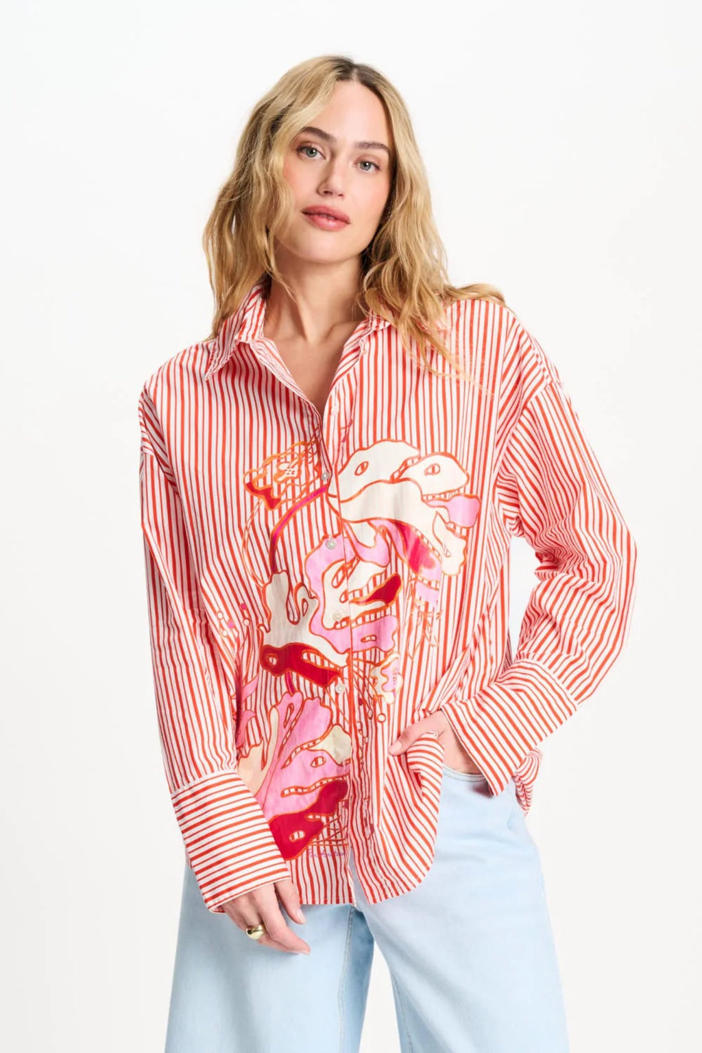 Woman wearing Pom Amsterdam SP9503 Blouse Poplin Striped Orange by Pom Amsterdam shop Dotique for stylish casual looks
