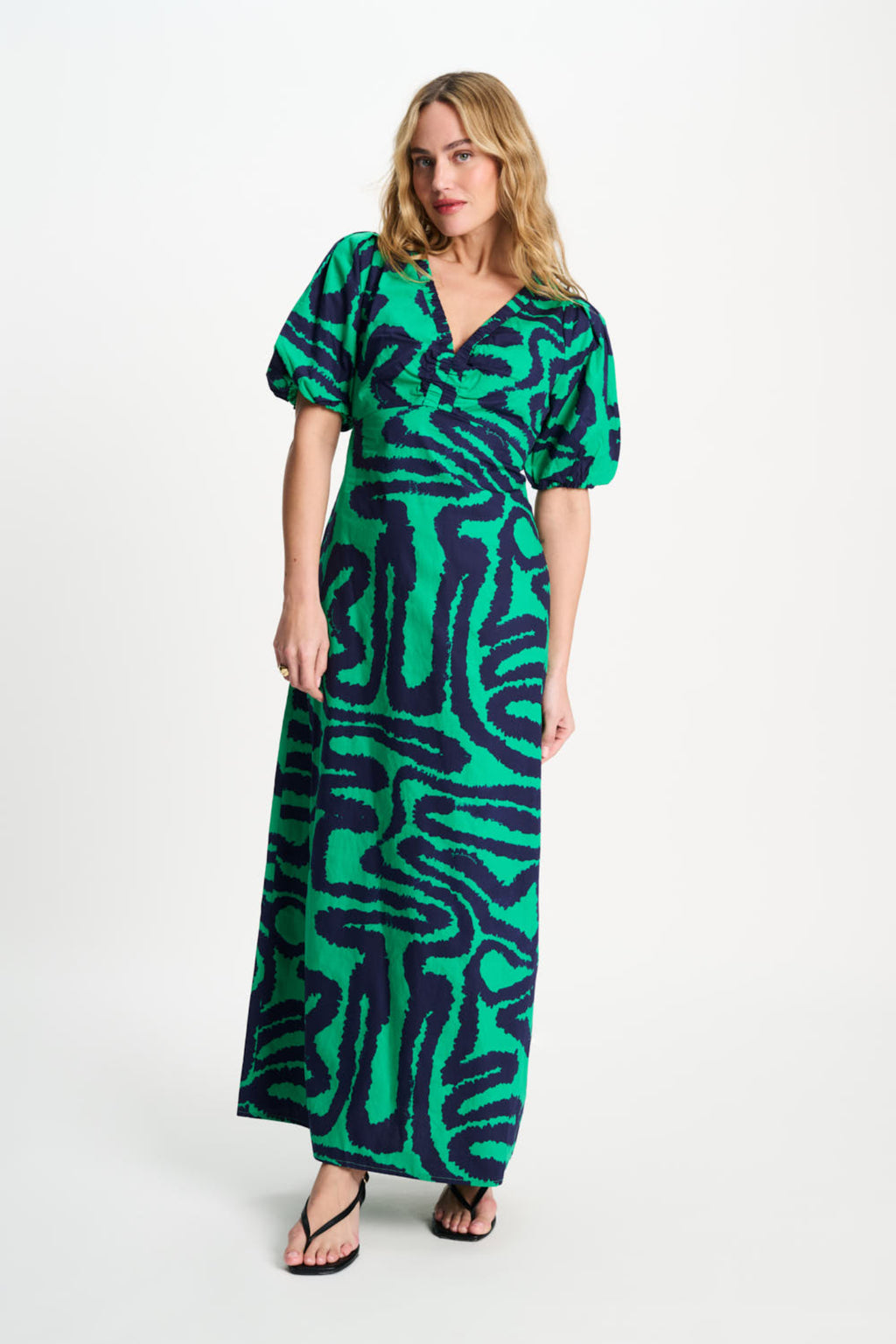 Woman wearing Pom Amsterdam SP9552 Poplin Waves Green Organic Cotton Dress by Pom Amsterdam shop Dotique for stylish looks